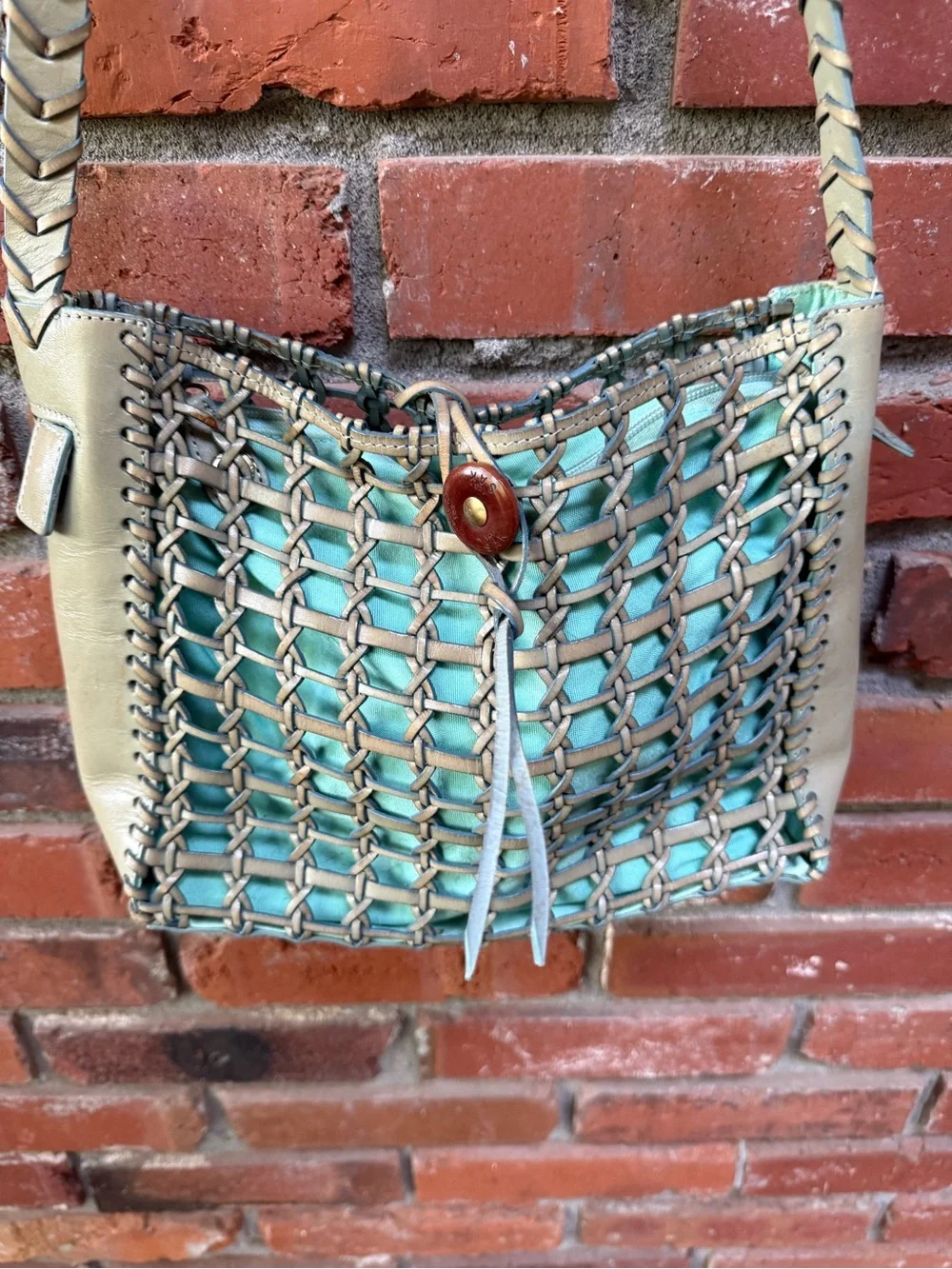 The Sak Woven Leather-Trim Shoulder Bag in Aqua and Cream